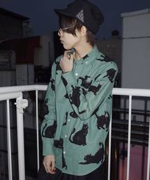 ネコ総柄シャツ長袖 F