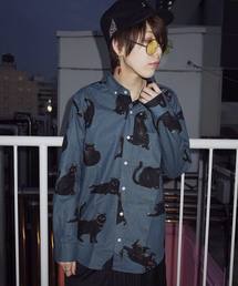 ネコ総柄シャツ長袖 F