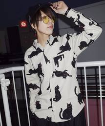 ネコ総柄シャツ長袖 F