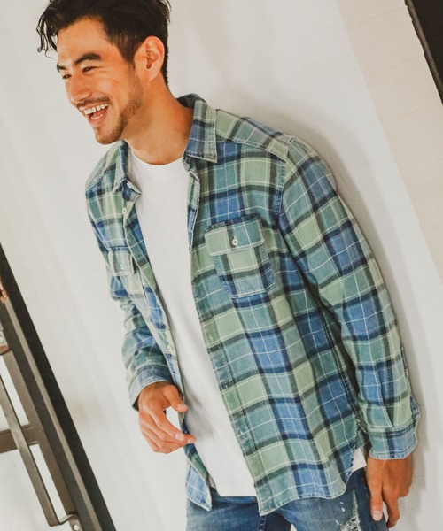 BAYFLOW（ベイフロー）の「インディゴチェックシャツ（シャツ/ブラウス・メンズ・ベージュ/ネイビー/マルーン・SMALL/MEDIUM/LARGE）」の2枚目の写真