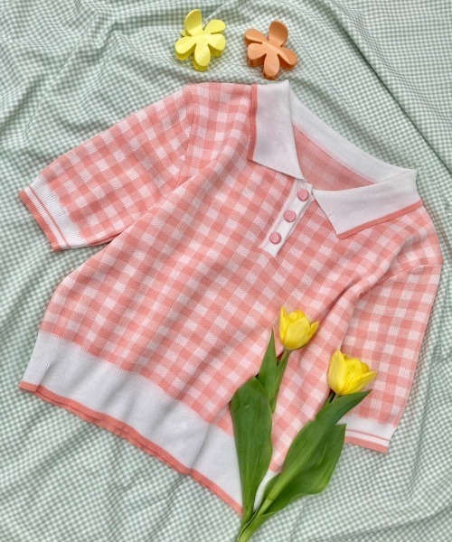 WC（ダブル シー）の「WC/ギンガムニット半袖ポロシャツ（ニット/セーター・レディース・グリーン/ピンク/ブラック・FREE）」の3枚目の写真