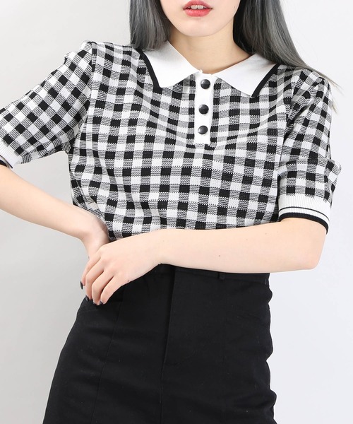 WC（ダブル シー）の「WC/ギンガムニット半袖ポロシャツ（ニット/セーター・レディース・グリーン/ピンク/ブラック・FREE）」の2枚目の写真