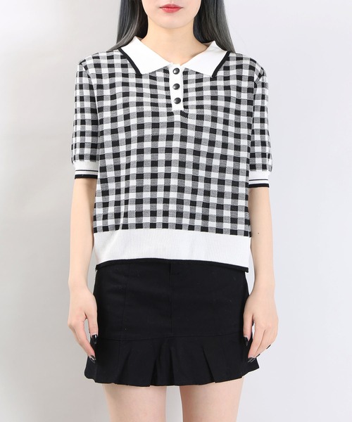 WC（ダブル シー）の「WC/ギンガムニット半袖ポロシャツ（ニット/セーター・レディース・グリーン/ピンク/ブラック・FREE）」の4枚目の写真