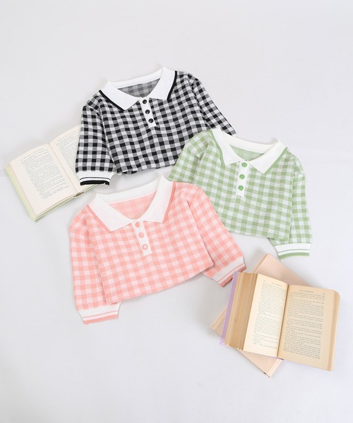 WC（ダブル シー）の「WC/ギンガムニット半袖ポロシャツ（ニット/セーター・レディース・グリーン/ピンク/ブラック・FREE）」の9枚目の写真