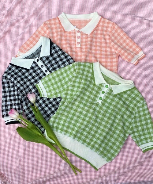 WC（ダブル シー）の「WC/ギンガムニット半袖ポロシャツ（ニット/セーター・レディース・グリーン/ピンク/ブラック・FREE）」の10枚目の写真