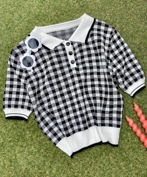 WC（ダブル シー）の「WC/ギンガムニット半袖ポロシャツ（ニット/セーター・レディース・グリーン/ピンク/ブラック・FREE）」の11枚目の写真