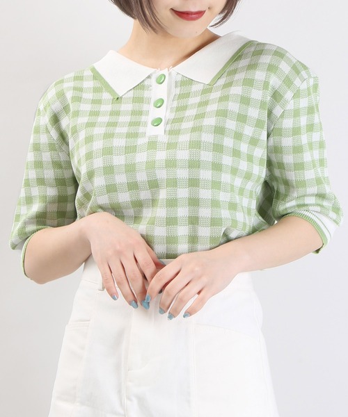 WC（ダブル シー）の「WC/ギンガムニット半袖ポロシャツ（ニット/セーター・レディース・グリーン/ピンク/ブラック・FREE）」の12枚目の写真