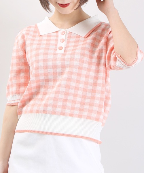WC（ダブル シー）の「WC/ギンガムニット半袖ポロシャツ（ニット/セーター・レディース・グリーン/ピンク/ブラック・FREE）」の13枚目の写真