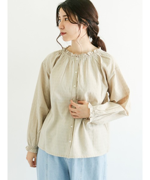 Samansa Mos2（サマンサ モスモス）の「格子柄ドビー襟フリルブラウス（シャツ/ブラウス・レディース・ベージュ/ネイビー/オフホワイト/ミント・ﾌﾘ-）」の3枚目の写真