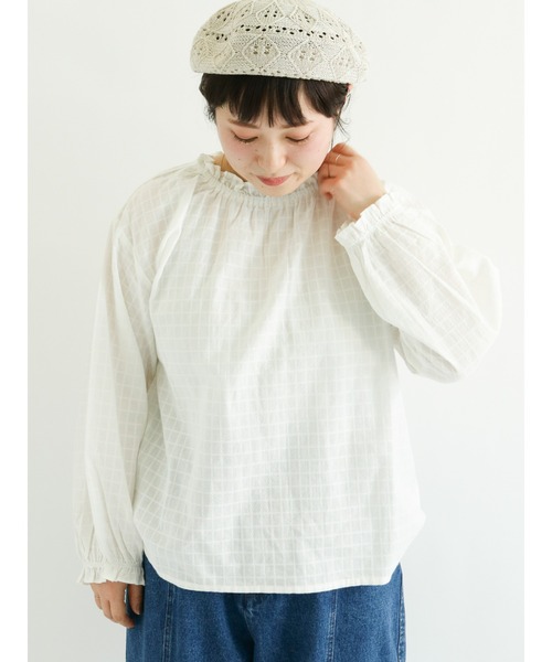 Samansa Mos2（サマンサ モスモス）の「格子柄ドビー襟フリルブラウス（シャツ/ブラウス・レディース・ベージュ/ネイビー/オフホワイト/ミント・ﾌﾘ-）」の2枚目の写真