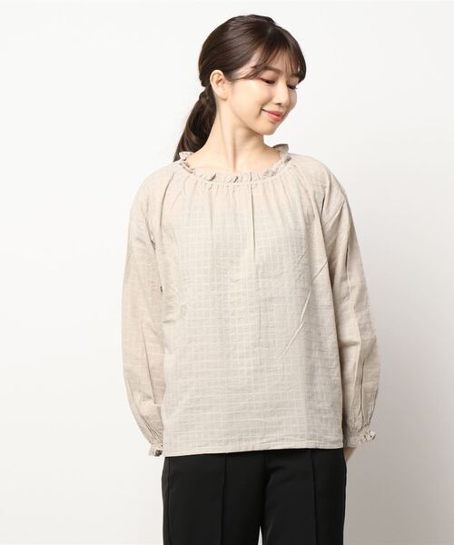 Samansa Mos2（サマンサ モスモス）の「格子柄ドビー襟フリルブラウス（シャツ/ブラウス・レディース・ベージュ/ネイビー/オフホワイト/ミント・ﾌﾘ-）」の7枚目の写真