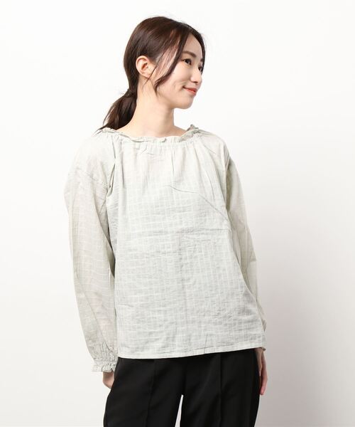 Samansa Mos2（サマンサ モスモス）の「格子柄ドビー襟フリルブラウス（シャツ/ブラウス・レディース・ベージュ/ネイビー/オフホワイト/ミント・ﾌﾘ-）」の8枚目の写真