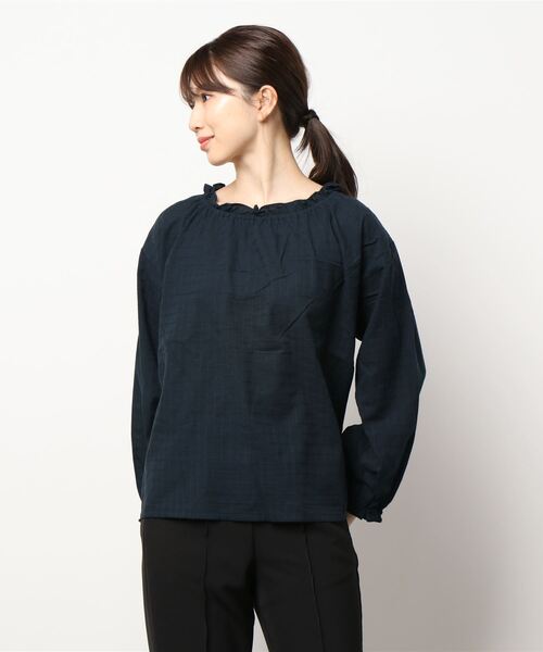 Samansa Mos2（サマンサ モスモス）の「格子柄ドビー襟フリルブラウス（シャツ/ブラウス・レディース・ベージュ/ネイビー/オフホワイト/ミント・ﾌﾘ-）」の9枚目の写真