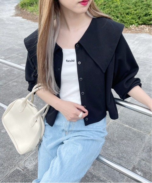 PairPair（ペアペア）の「ショート丈ビッグカラーカーディガン（カーディガン/ボレロ・レディース・ブラック/オフホワイト/ブルー系その他・フリー）」の3枚目の写真
