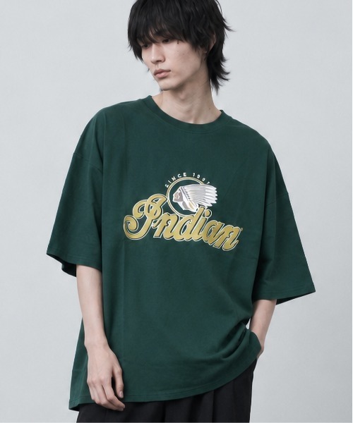 INDIAN（インディアン）の「/Bl/刺繍プリントオーバーサイズTシャツ 半袖 / INDIAN（Tシャツ/カットソー・メンズ・ホワイト/ダークグリーン/ブルーグレー・MEDIUM/LARGE）」の3枚目の写真