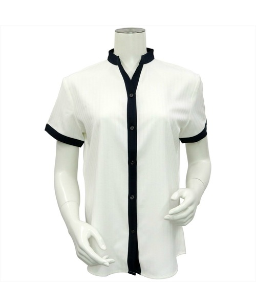 TOKYO SHIRTS（トウキョウシャツ）の「形態安定ノーアイロン クレリックヘンリーネック 半袖ビジネスワイシャツ（ビジネスシャツ・レディース・ブラック/ホワイト・L/M/S/LL）」の9枚目の写真