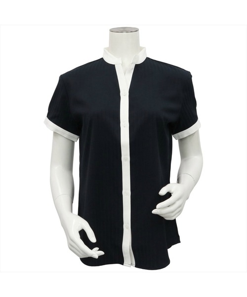 TOKYO SHIRTS（トウキョウシャツ）の「形態安定ノーアイロン クレリックヘンリーネック 半袖ビジネスワイシャツ（ビジネスシャツ・レディース・ブラック/ホワイト・L/M/S/LL）」の10枚目の写真