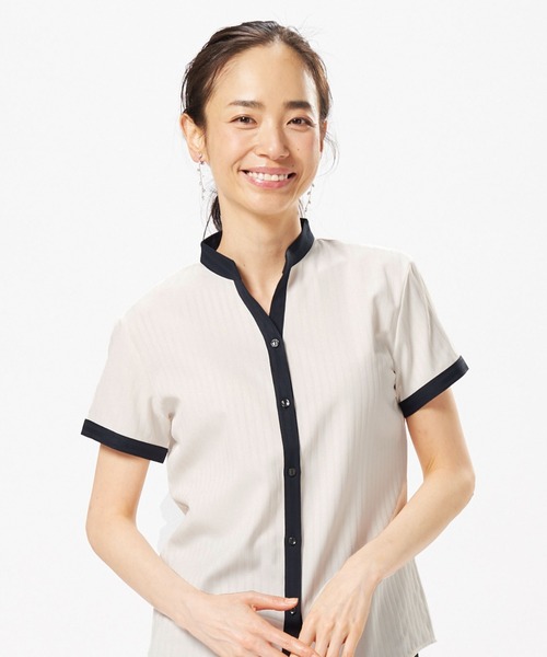 TOKYO SHIRTS（トウキョウシャツ）の「形態安定ノーアイロン クレリックヘンリーネック 半袖ビジネスワイシャツ（ビジネスシャツ・レディース・ブラック/ホワイト・L/M/S/LL）」の20枚目の写真