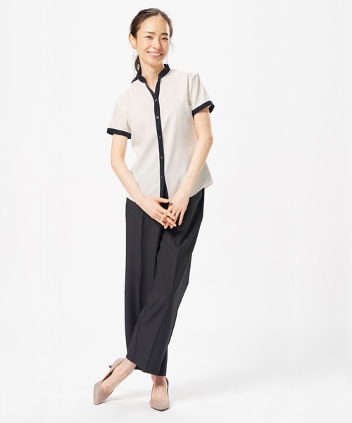 TOKYO SHIRTS（トウキョウシャツ）の「形態安定ノーアイロン クレリックヘンリーネック 半袖ビジネスワイシャツ（ビジネスシャツ・レディース・ブラック/ホワイト・L/M/S/LL）」の18枚目の写真