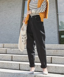 ハイウエストテーパード配色ステッチカラーデニムパンツ
