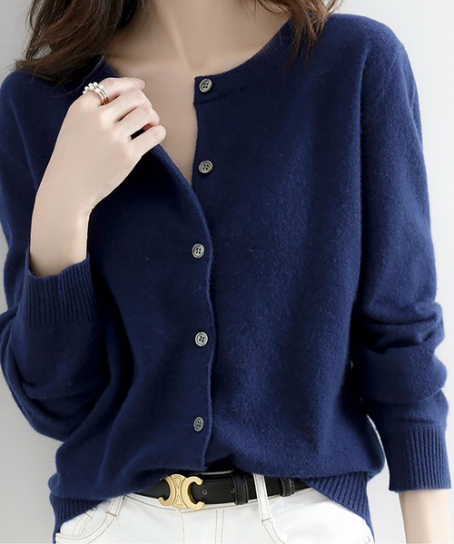 美品　　ネイビー ボタン付きカーディガン 50 セール】クルーネックボタン開きニットカーディガン