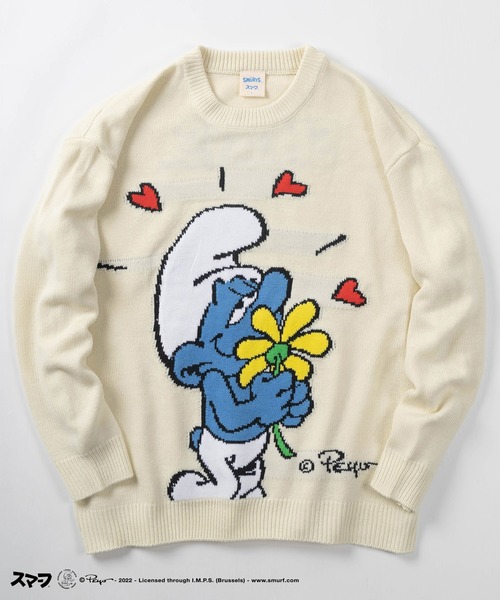 make a ray!（メイク ア レイ！）の「【THE SMURFS/スマーフ】ビッグシルエット キャラクター刺繍 ジャガード ニット（ニット/セーター・レディース・ブラック/レッド/オフホワイト・M/L/XL）」の2枚目の写真