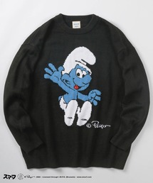 【THE SMURFS/スマーフ】ビッグシルエット キャラクター刺繍 ジャガード ニット