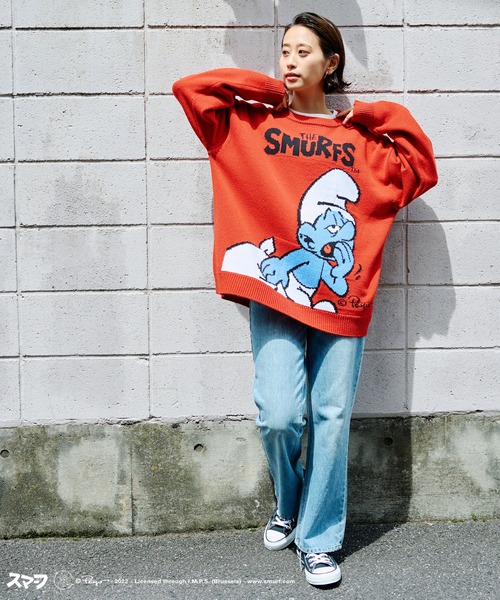 make a ray!（メイク ア レイ！）の「【THE SMURFS/スマーフ】ビッグシルエット キャラクター刺繍 ジャガード ニット（ニット/セーター・レディース・ブラック/レッド/オフホワイト・M/L/XL）」の11枚目の写真