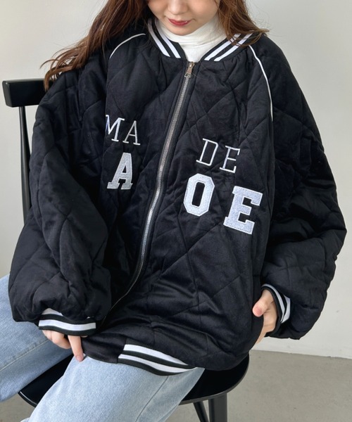 CLEA（クレア）の「フロント刺繍オーバーサイズスタジャン/キルティングブルゾン（スタジャン・レディース・アイボリー/ブラック・FREE）」の6枚目の写真