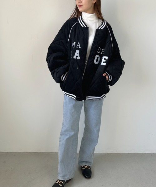 CLEA（クレア）の「フロント刺繍オーバーサイズスタジャン/キルティングブルゾン（スタジャン・レディース・アイボリー/ブラック・FREE）」の11枚目の写真