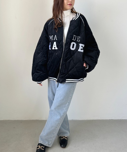 CLEA（クレア）の「フロント刺繍オーバーサイズスタジャン/キルティングブルゾン（スタジャン・レディース・アイボリー/ブラック・FREE）」の9枚目の写真