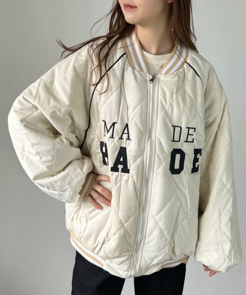 CLEA（クレア）の「フロント刺繍オーバーサイズスタジャン/キルティングブルゾン（スタジャン・レディース・アイボリー/ブラック・FREE）」の7枚目の写真