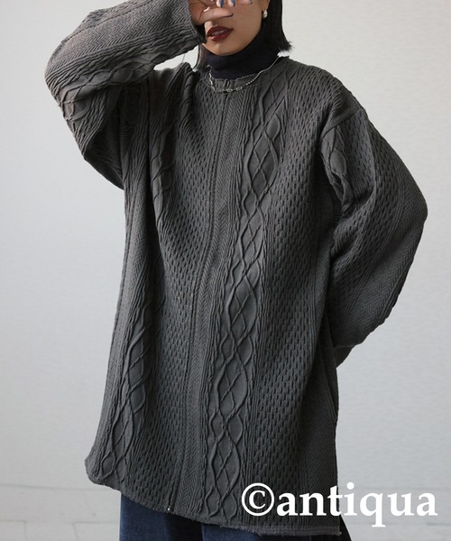 antiqua(アンティカ)の「綿100%ケーブルジャガードカットソー(Tシャツ/カットソー・レディース・スモークグレー/ナチュラル・FREE)」の6枚目の写真