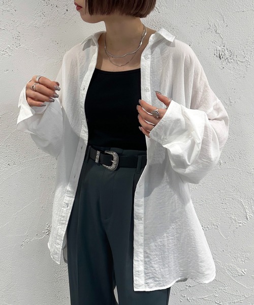 apres jour mignon（アプレジュールミニョン）の「カラーシャツ【ZOZOTOWN限定アイテム】（シャツ/ブラウス・レディース・オフホワイト/ブルー/オレンジ/ピンク/グリーン/アイボリー/ダークパープル/グレー・フリー/X-LARGE）」の9枚目の写真