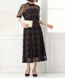 チェック柄チュールレースビスチェ風パーティードレス