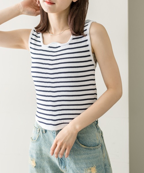 mystic(ミスティック)の「ウェーブネックボーダータンクトップ(タンクトップ・レディース・ネイビー/オフホワイト/ベージュ・FREE)」の4枚目の写真