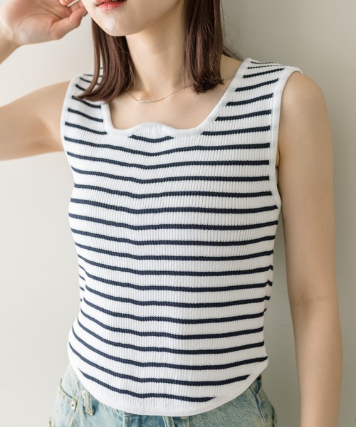 mystic(ミスティック)の「ウェーブネックボーダータンクトップ(タンクトップ・レディース・ネイビー/オフホワイト/ベージュ・FREE)」の6枚目の写真