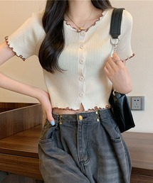 『Lilamusant(リラミュゾン)』配色メロー半袖リブニットクロップドトップス