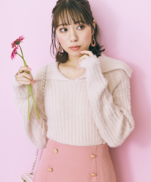 marun（マルン）の「＜大きいサイズ＞ ビックカラーシャギーニットトップス marun（ニット/セーター・レディース・ブラック系/ピンクベージュ・L/LL/3L/4L/5L）」の4枚目の写真