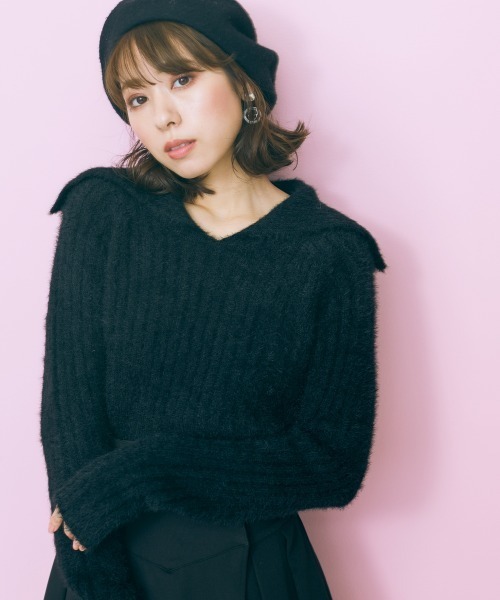 marun（マルン）の「＜大きいサイズ＞ ビックカラーシャギーニットトップス marun（ニット/セーター・レディース・ブラック系/ピンクベージュ・L/LL/3L/4L/5L）」の3枚目の写真