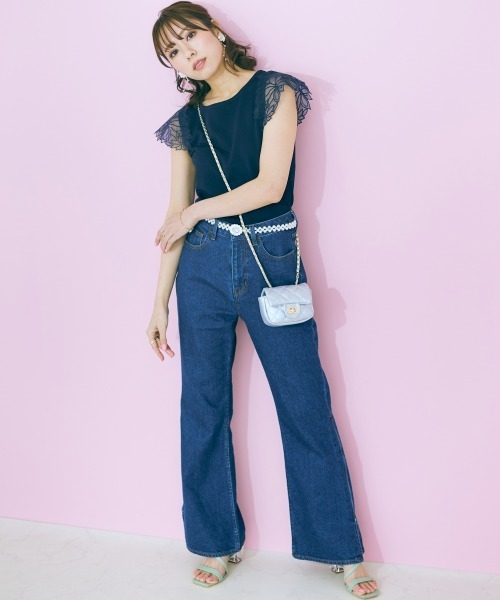 セール】＜大きいサイズ＞ 袖レースデザインニットトップス