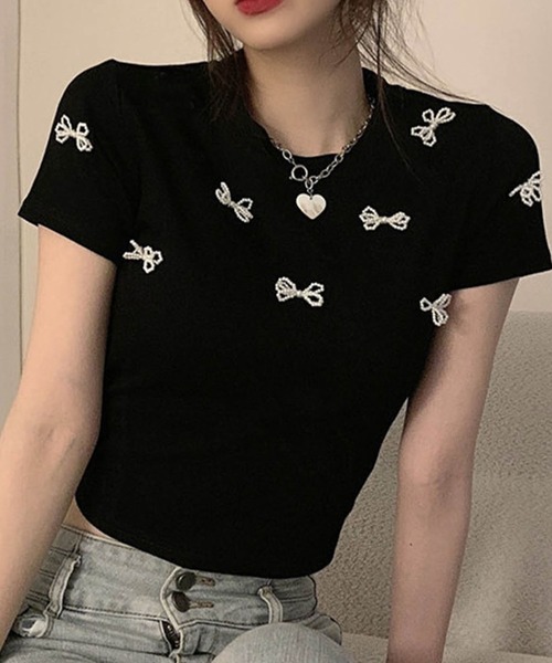 セール】パールリボンショート丈Tシャツ（Tシャツ/カットソー