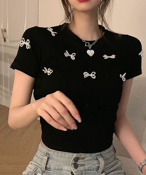 セール】パールリボンショート丈Tシャツ（Tシャツ/カットソー