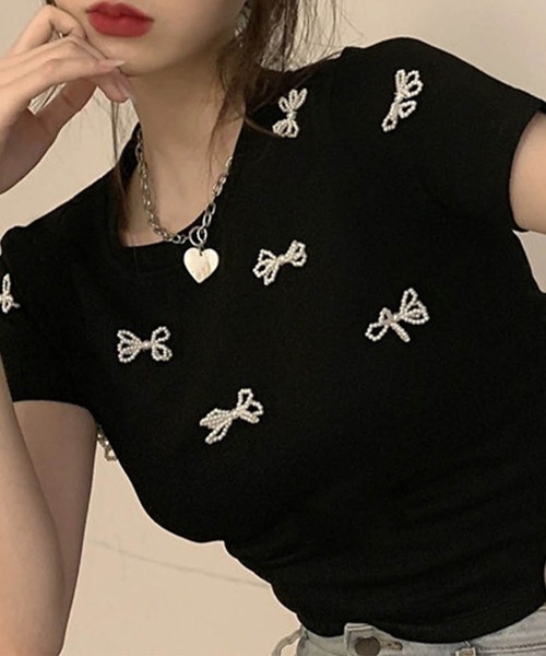 tシャツ リボンパールカットソー レディース セール】リボンパールカットソー（Tシャツ/カットソー）｜PICCIN