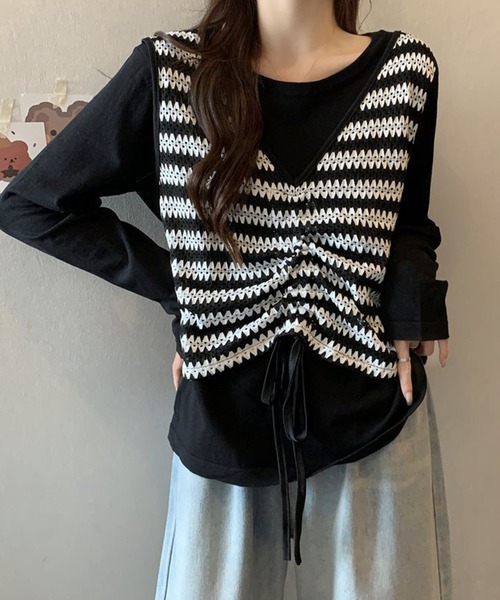 ボーダーベスト重ね着風トップス（Tシャツ/カットソー）｜aimoha（アイモハ）Tシャツ/カットソー