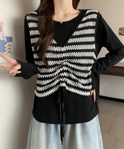 ボーダーベスト重ね着風トップス（Tシャツ/カットソー）｜aimoha（アイモハ）