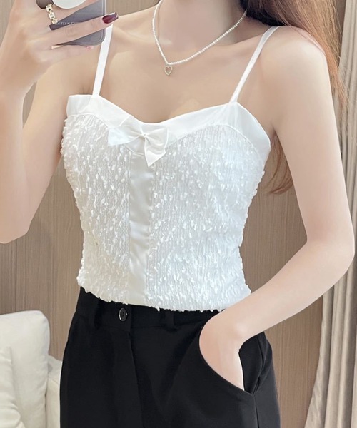 Lace Ladies(レースレディース)の「サテン リボン シャーリング カップ付き キャミソール(キャミソール・レディース・グレー/アイボリー/ホワイト/ブラック・FREE)」の2枚目の写真