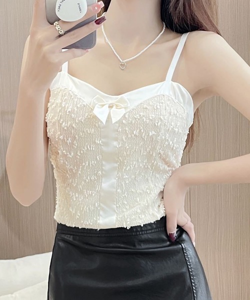 Lace Ladies(レースレディース)の「サテン リボン シャーリング カップ付き キャミソール(キャミソール・レディース・グレー/アイボリー/ホワイト/ブラック・FREE)」の3枚目の写真
