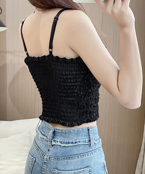 Lace Ladies(レースレディース)の「サテン リボン シャーリング カップ付き キャミソール(キャミソール・レディース・グレー/アイボリー/ホワイト/ブラック・FREE)」の14枚目の写真