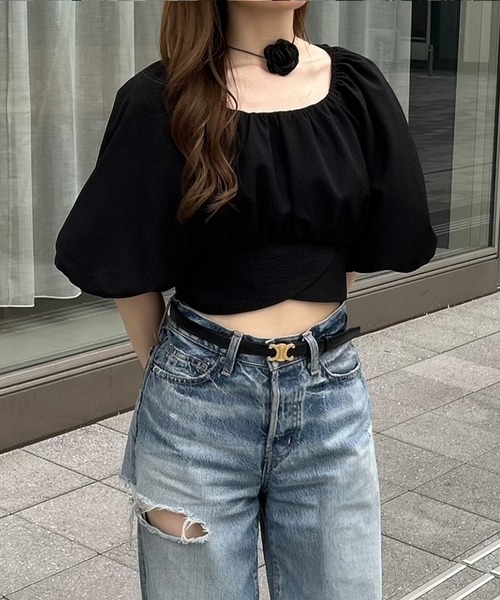 セール】パフスリーブバックリボンショートトップス（シャツ/ブラウス